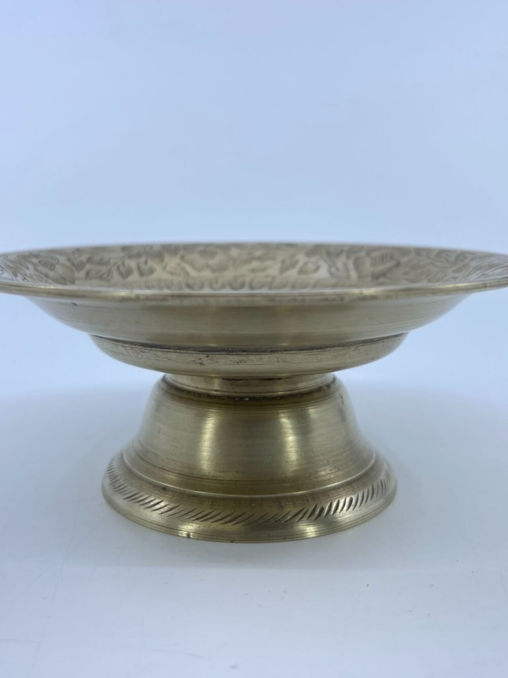 vintage etched brass pedestal  bowl with floral design